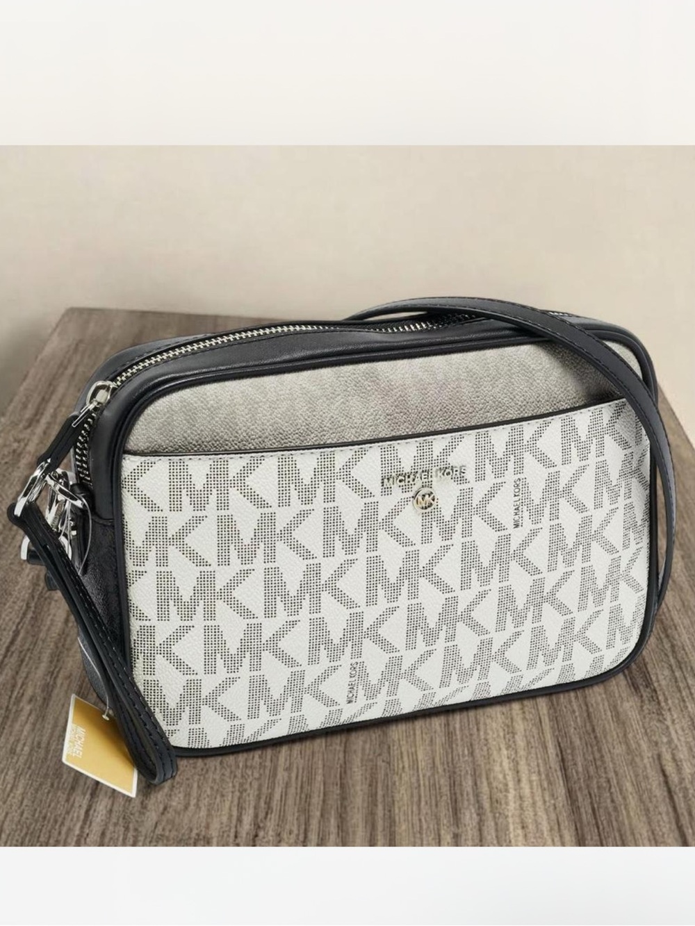 Michael Kors Light Gray/Black MK Monogram Crossbody Messenger